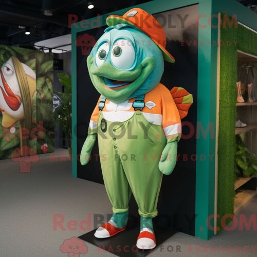 Personnage Mascotte Redbrokoly D Un Poisson Clown Vert Habillé D Une Salopette Et De Pochettes