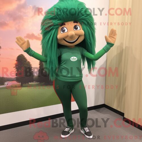 Personnage Mascotte Redbrokoly D Un Tikka Masala Vert Forêt Habillé D Un Pantalon De Yoga Et De Pinces À Cheveux