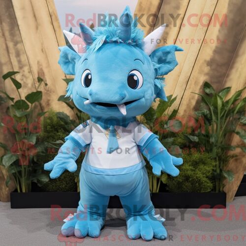Costume Mascotte Redbrokoly De Stégosaure Bleu Ciel Personnage Habillé Avec Une Salopette Et Des Pinces À Cheveux