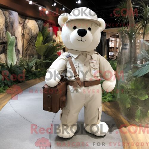 Mascotte Redbrokoly D Ours En Peluche Blanc Personnage Habillé Avec Un Pantalon Cargo Et Des Épingles À Chapeau