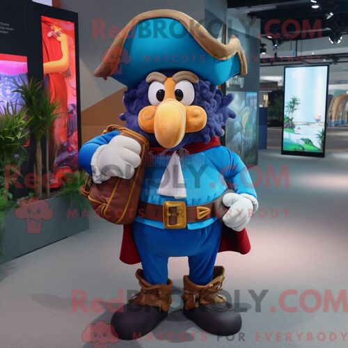 Mascotte Redbrokoly De Personnage De Pirate Bleu Habillé Avec Une Jupe-Culotte Et Des Sacs À Dos