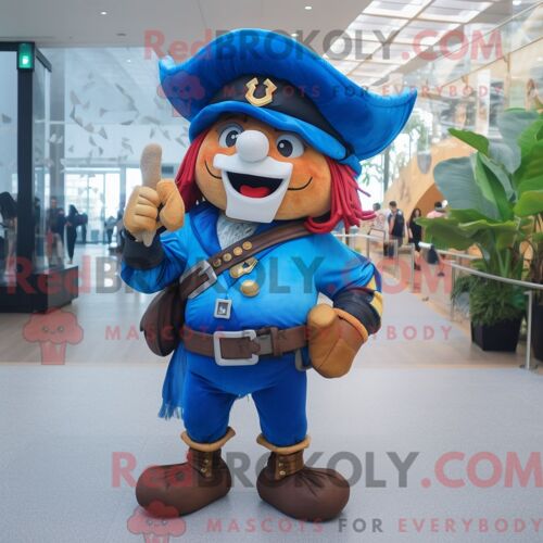 Mascotte Redbrokoly De Personnage De Pirate Bleu Habillé Avec Une Jupe-Culotte Et Des Sacs À Dos