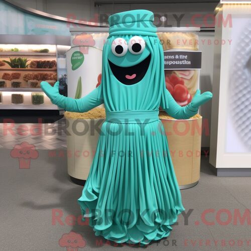 Costume De Mascotte Redbrokoly De Pâtes Au Pesto Turquoise Personnage Habillé Avec Une Robe Midi Et Des Bagues