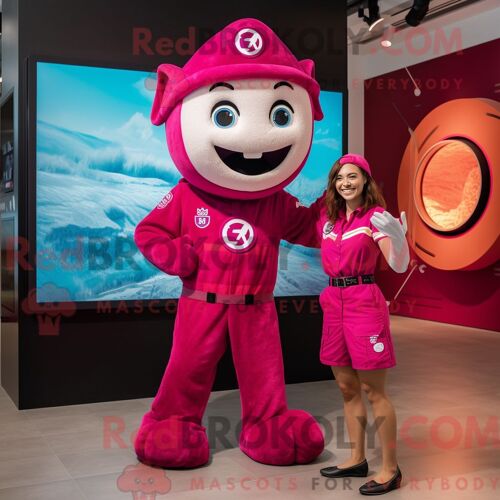 Costume Mascotte Redbrokoly De Pompier Magenta Habillé Avec Un Maillot De Bain Une Pièce Et Des Montres