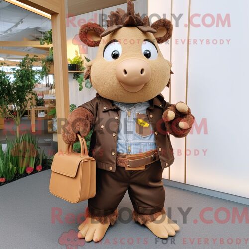 Costume De Mascotte Redbrokoly De Truie Brune Habillé Avec Une Salopette Et Des Sacs À Main