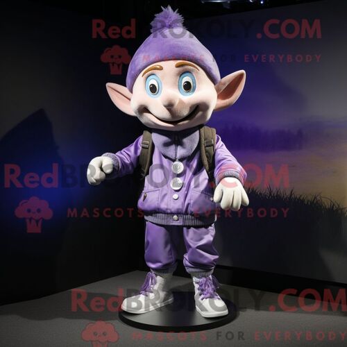 Costume De Mascotte Redbrokoly D Elfe Lavande Personnage Habillé D Un Blouson Aviateur Et D Épingles À Cravate