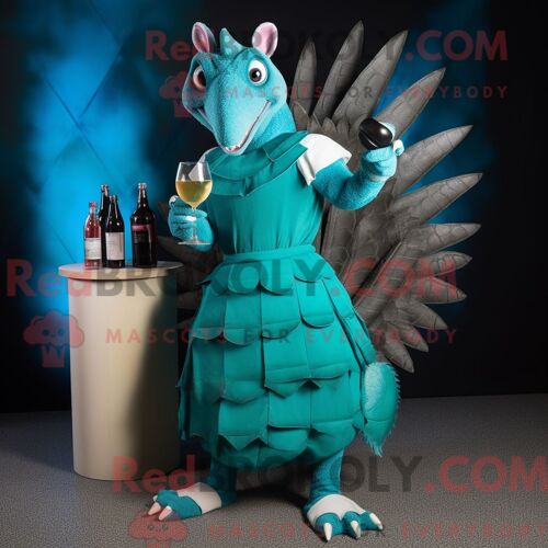 Costume De Mascotte Redbrokoly De Tatou Bleu Sarcelle Habillé D Une Robe De Cocktail Et De Coussinets De Pieds