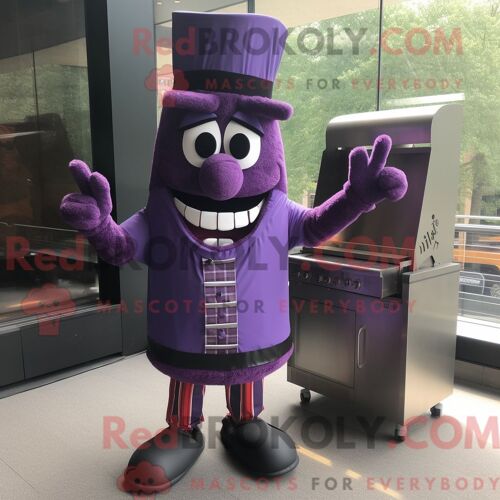 Personnage De Costume De Mascotte Redbrokoly De Côtes Levées De Barbecue Violet Habillé D Un Pantalon De Costume Et De Pinces À Chaussures