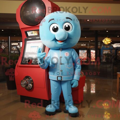 Costume Mascotte Redbrokoly De Gumball Machine Bleu Ciel Habillé D Une Veste En Cuir Et De Montres