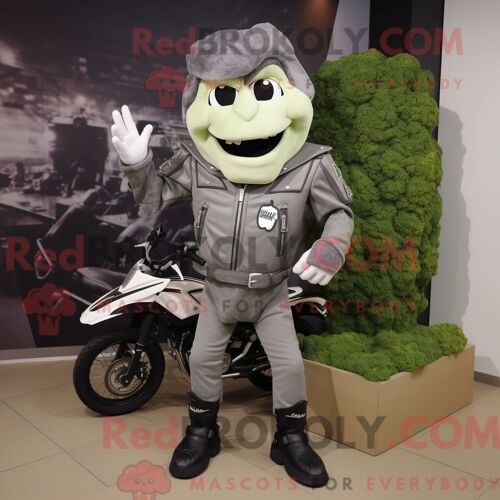 Costume De Mascotte Redbrokoly De Salade César Grise Personnage Habillé D Une Veste De Motard Et De Pochettes