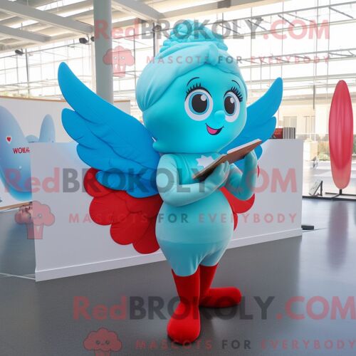 Costume De Mascotte Redbrokoly De Cupidon Turquoise Habillé D Une Jupe Crayon Et De Coussinets De Pieds