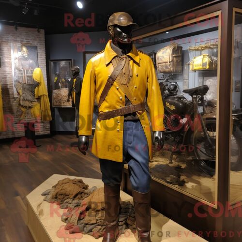 Mascotte Redbrokoly De Soldat Jaune De La Guerre Civile Personnage Habillé D Une Veste En Cuir Et De Colliers