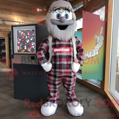 Costume De Mascotte Redbrokoly Silver Gumball Machine Habillé Avec Une Chemise En Flanelle Et Des Bretelles