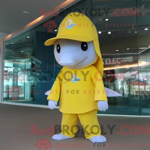 Costume De Mascotte Redbrokoly De Dauphin Jaune Citron Habillé Avec Un T-Shirt À Manches Longues Et Des Chapeaux