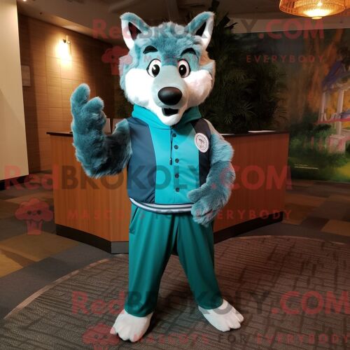 Costume De Mascotte Redbrokoly De Loup Sarcelle Habillé D Un T-Shirt À Manches Longues Et De Pochettes De Costume