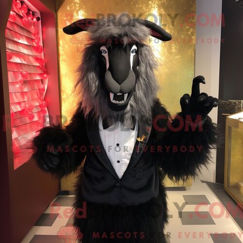 Personnage Mascotte Redbrokoly D Une Chèvre Angora Noire Habillée D Une Robe De Soirée Et De Pochettes De Costume