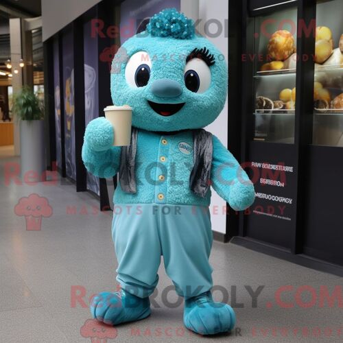 Personnage Mascotte Redbrokoly D Un Pop Corn Bleu Sarcelle Habillé D Une Combinaison Et De Bracelets