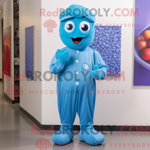 Personnage Mascotte Redbrokoly D Un Bonbon Bleu Habillé D Une Combinaison Et De Pochettes