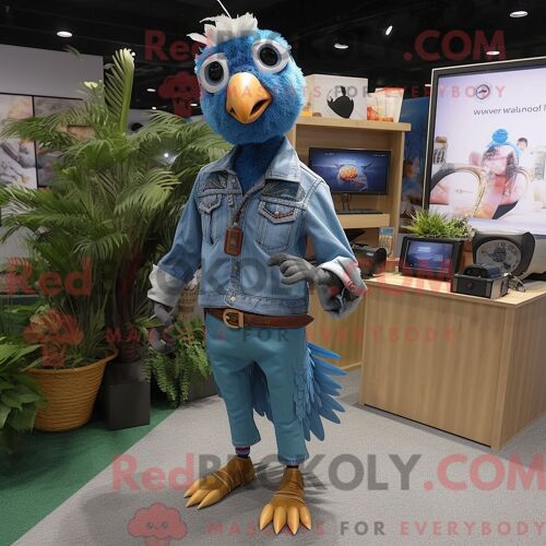 Personnage Mascotte Redbrokoly D Un Faisan Cyan Habillé D Une Chemise En Jean Et De Montres Digitales