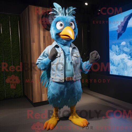 Personnage Mascotte Redbrokoly D Un Faisan Cyan Habillé D Une Chemise En Jean Et De Montres Digitales