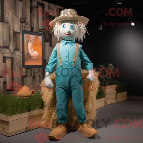 Personnage Mascotte Redbrokoly D Un Épouvantail Cyan Habillé D Un Pantalon De Jogging Et De Bretelles