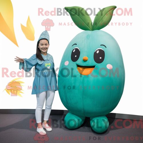 Personnage Mascotte Redbrokoly D Un Mango Bleu Sarcelle Habillé D Une Barboteuse Et D Epingles À Cheveux