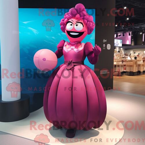 Personnage Mascotte Redbrokoly D Un Ballon De Rugby Magenta Habillé D Une Robe De Soirée Et De Pochettes