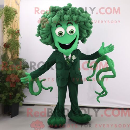 Mascotte Redbrokoly De Méduse Vert Forêt Personnage Habillé Avec Un Costume Et Des Pinces À Chaussures