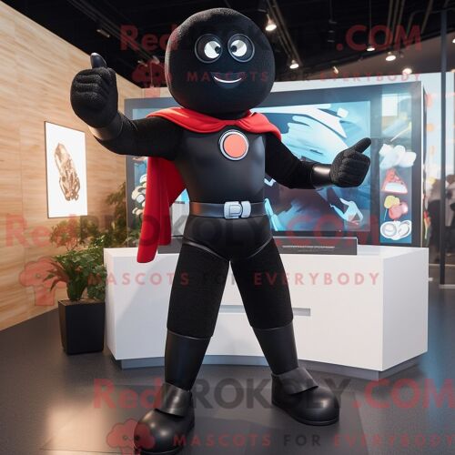 Mascotte Redbrokoly De Super-Héros Noir Costume De Personnage Habillé Avec Un Cardigan Et Des Lacets De Chaussures