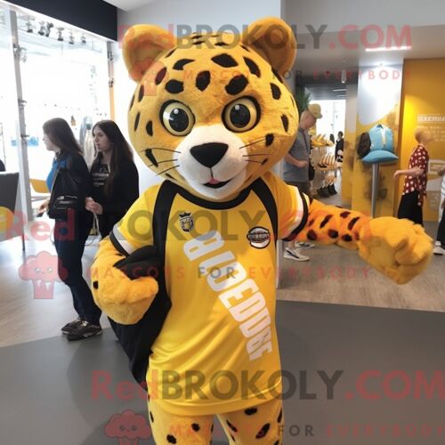 Costume De Mascotte Redbrokoly De Guépard Jaune Personnage Habillé D Une Chemise De Rugby Et De Sacs Messager