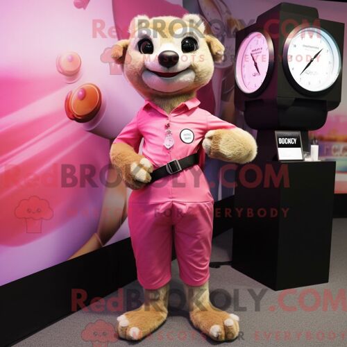 Costume De Mascotte Redbrokoly De Suricate Rose Habillé D Un Pantalon Habillé Et De Montres Numériques