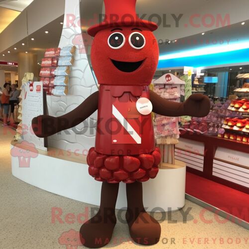 Personnage De Costume De Mascotte Redbrokoly De Barres De Chocolat Rouge Habillé D Un Maillot De Bain Et D Épinglettes