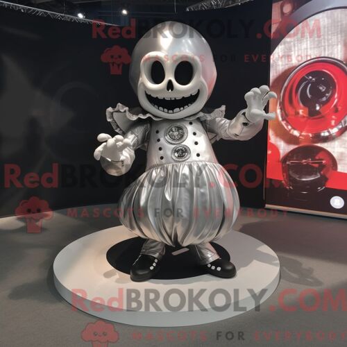 Costume De Mascotte Redbrokoly De Crâne D Argent Habillé D Une Jupe Circulaire Et De Boutons De Manchette