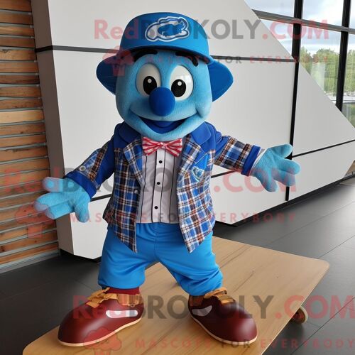 Personnage De Costume De Mascotte Redbrokoly De Skateboard Bleu Habillé Avec Un Gilet Et Des Noeuds Papillons