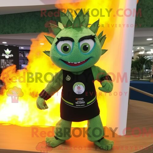 Personnage Mascotte Redbrokoly D Un Cracheur De Feu Olive Habillé D Un Maillot De Bain Et De Bracelets