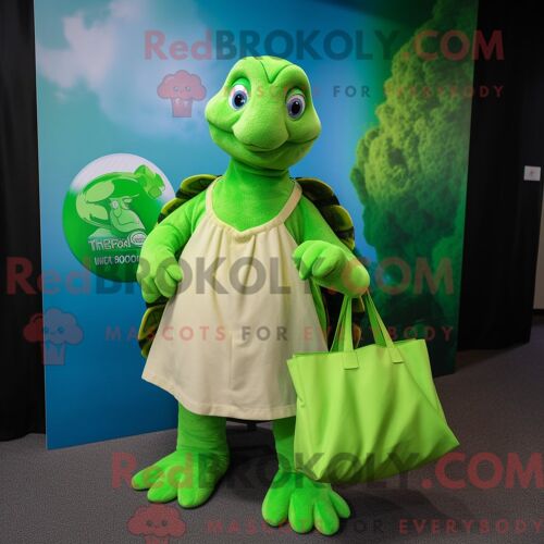 Personnage Mascotte Redbrokoly D Une Tortue Vert Citron Habillée D Une Jupe Trapèze Et De Sacs Fourre-Tout