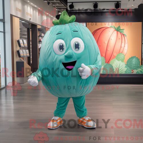 Personnage Mascotte Redbrokoly D Un Melon Bleu Sarcelle Habillé D Une Veste Et De Bracelets De Cheville