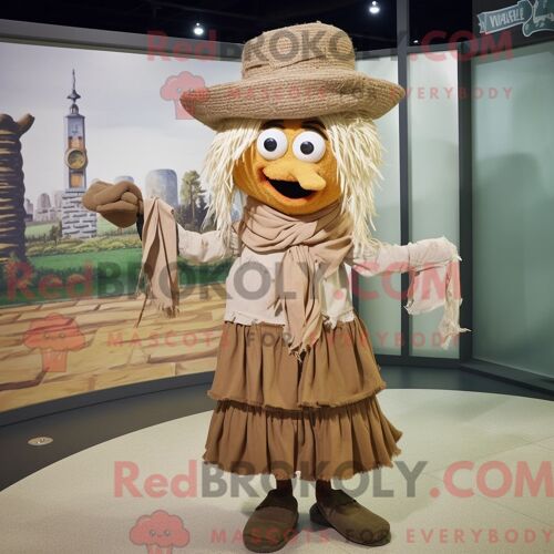 Personnage Mascotte Redbrokoly D Épouvantail Turquoise Habillé D Un Gilet Et De Châles