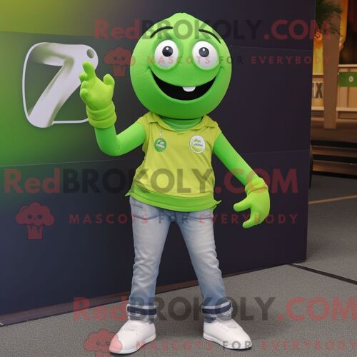 Costume Mascotte Redbrokoly De Boule De Pétanque Vert Citron Personnage Habillé Avec Un Jean Skinny Et Des Gants