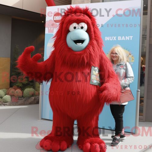 Costume De Mascotte Redbrokoly De Yéti Rouge Personnage Habillé Avec Un Jean Maman Et Des Colliers