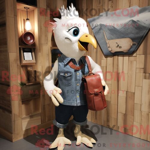 Costume Mascotte Redbrokoly De Pic Blanc Habillé D Un Short En Jean Et De Sacs Messager