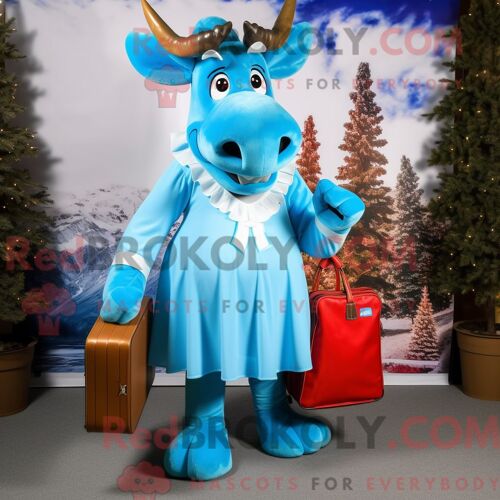 Costume Mascotte Redbrokoly D Élan Bleu Ciel Habillé Avec Une Jupe Longue Et Des Porte-Documents