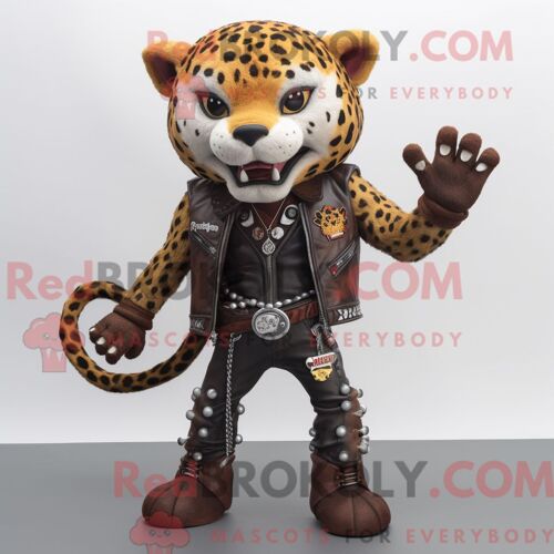 Personnage De Costume De Mascotte Redbrokoly De Léopard Rouille Habillé Avec Une Veste De Motard Et Des Bracelets De Cheville