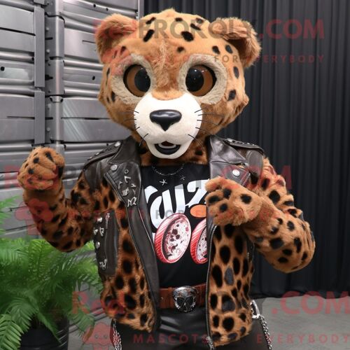 Personnage De Costume De Mascotte Redbrokoly De Léopard Rouille Habillé Avec Une Veste De Motard Et Des Bracelets De Cheville