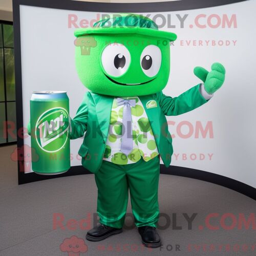 Costume De Mascotte Redbrokoly De Canette De Soda Verte Personnage Habillé Avec Un Coupe-Vent Et Des Noeuds Papillons