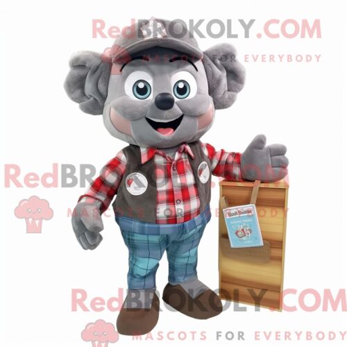 Personnage De Costume De Mascotte Redbrokoly De Candy Gris Habillé Avec Une Chemise En Flanelle Et Des Portefeuilles