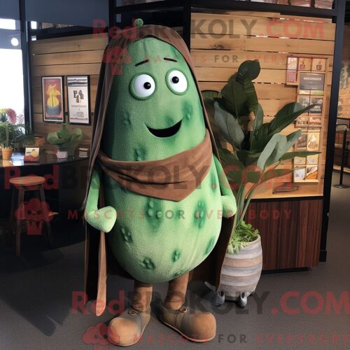 Personnage De Costume De Mascotte Redbrokoly De Haricot Vert Rouille Habillé D Un Cardigan Et D Écharpes