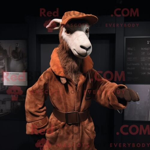 Personnage Mascotte Redbrokoly D Une Chèvre Rouille Habillée D Un Manteau Et De Casquettes