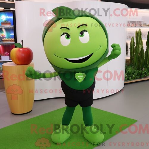 Personnage Mascotte Redbrokoly D Une Pomme Verte Forêt Habillée D Un Pantalon De Yoga Et De Bracelets De Cheville