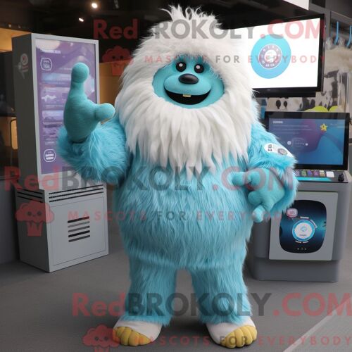 Personnage Mascotte Redbrokoly D Un Yéti Cyan Habillé D Une Robe Portefeuille Et De Montres Numériques